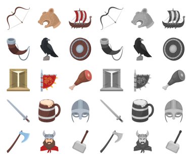 Vikingler ve öznitelikleri karikatür, set koleksiyonu tasarım için mono simgeler. Eski İskandinav savaşçı vektör simge stok web çizimi.