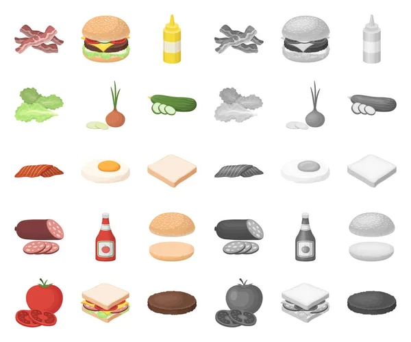Burger e ingredientes desenhos animados, ícones mono na coleção de conjuntos para design. Burger cozinhar vetor símbolo web ilustração . — Vetor de Stock