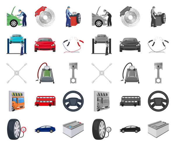 Coche, ascensor, bomba y otros equipos de dibujos animados, iconos mono en la colección de conjuntos para el diseño. Estación de mantenimiento del coche vector símbolo stock ilustración web . — Vector de stock