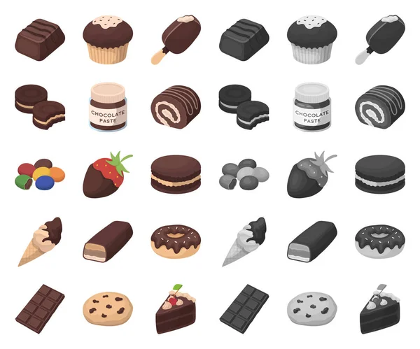 Chocolate Posert dibujos animados, iconos mono en la colección de conjuntos para el diseño. Chocolate y dulces vector símbolo stock web ilustración . — Archivo Imágenes Vectoriales