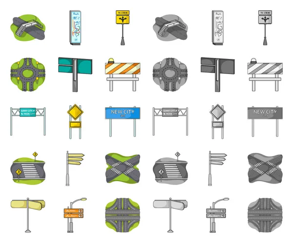 Straßenkreuzungen und Schilder Cartoon, Mono-Symbole in Set Sammlung für Design. Fußgängerüberwege und Schilder Vektor-Symbol Stock Web-Illustration. — Stockvektor