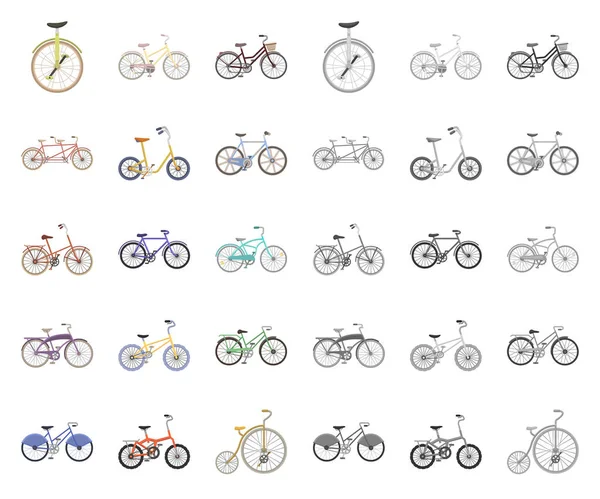 Různé kreslené jízdní kola, mono ikony v nastavení kolekce pro design. Druh dopravy vektor symbol akcií web ilustrace. — Stockový vektor