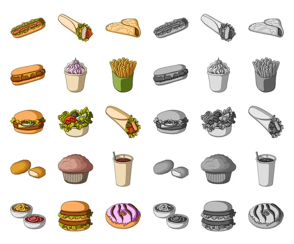 Fast food tecknad, mono ikoner i set samling för design. Mat från halvfabrikat vektor symbol lager web illustration. — Stock vektor