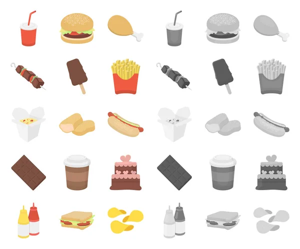Fast food tecknad, mono ikoner i set samling för design. Mat från halvfabrikat vektor symbol lager web illustration. — Stock vektor