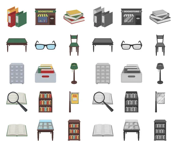 图书馆和书店卡通, 单声道图标在集合集合为设计。书籍和家具向量标志股票网例证. — 图库矢量图片