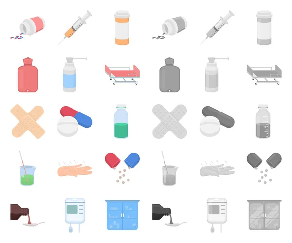 Medicine and treatment cartoon, mono icons in set collection for design. Медикаменты и оборудование векторные символы веб-иллюстрации . — стоковый вектор