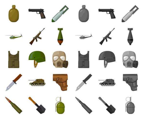 Army and armament cartoon, mono icons in set collection for design. Векторная веб-иллюстрация оружия и оборудования . — стоковый вектор