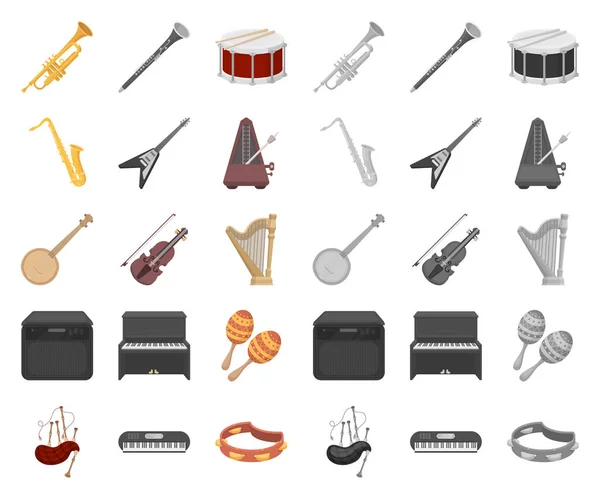 Musikinstrument Cartoon, Mono-Ikonen in Set-Kollektion für Design. Saiten- und Blasinstrument-Vektor-Symbol stock web illustration. — Stockvektor