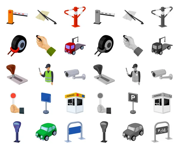 Parking for cars cartoon, mono icons in set collection for design. Иллюстрация вектора оборудования и услуг . — стоковый вектор