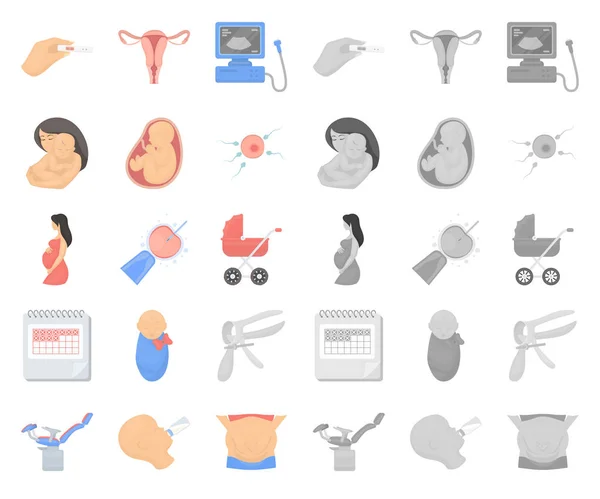 Женщина и беременность мультфильм, моноиконы в коллекции наборов для дизайна. Гинекология и оборудование векторные символы веб-иллюстрации . — стоковый вектор