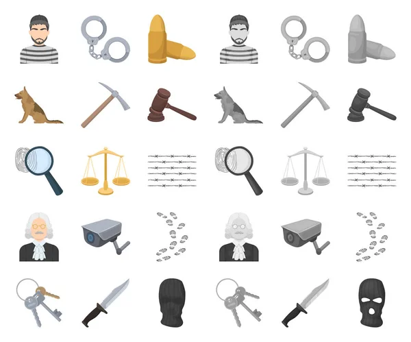 Gefängnis und der kriminelle Cartoon, Mono-Symbole in Set-Kollektion für design.prison und Attribute Vektor-Symbol Stock Web-Illustration. — Stockvektor