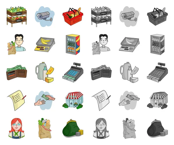 Supermarket a zařízení kreslené vtipy, mono ikony v nastavení kolekce pro design. Nákup produktů vektor symbol akcií web ilustrace. — Stockový vektor