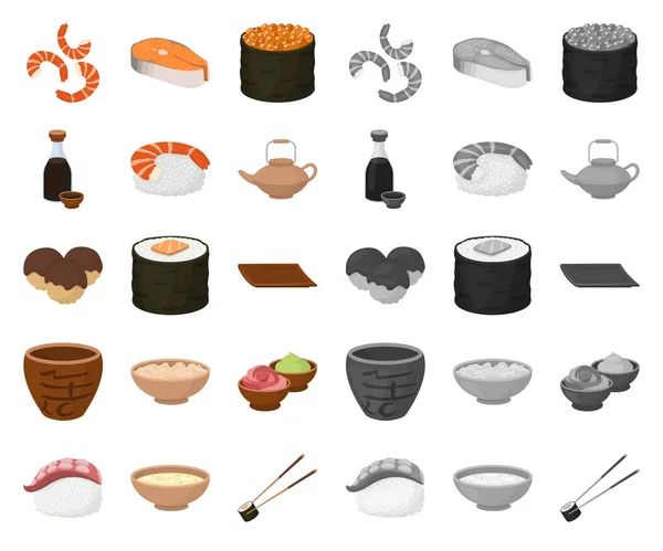 Sushi und Würze Cartoon, Mono-Symbole in Set-Kollektion für Design. Meeresfrüchte Lebensmittel, Zubehör Vektor Symbol Stock Web-Illustration. — Stockvektor