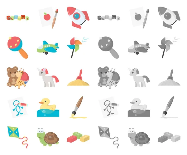 Kinderen speelgoed tekenfilm, mono pictogrammen in set collectie voor design. Spel en bauble symbool voorraad web vectorillustratie. — Stockvector