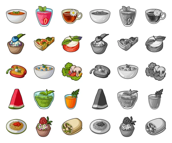Piatto vegetariano cartone animato, icone mono in collezione set per il design. vegetale e latte cibo vettore simbolo stock web illustrazione . — Vettoriale Stock