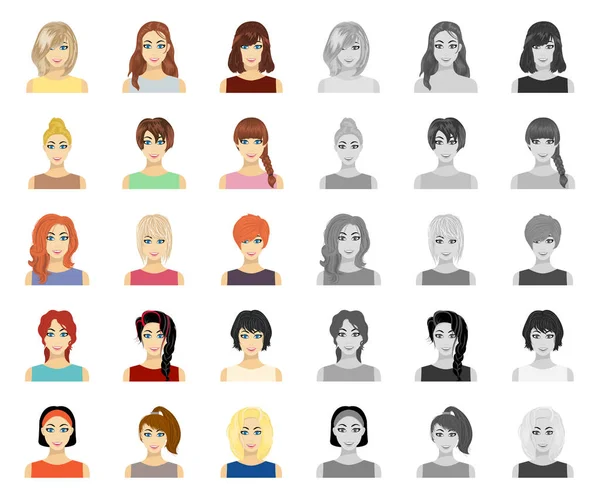 Types of female hairstyles cartoon, mono icons in set collection for design. Внешний вид веб-иллюстрации женского векторного символа . — стоковый вектор