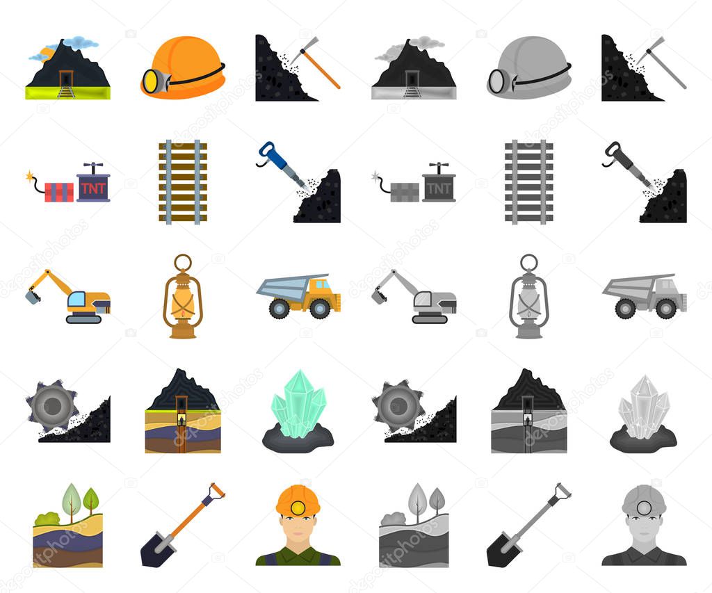 Mining industry cartoon,mono icons in set collection for design. Equipment and tools vector symbol stock web illustration.