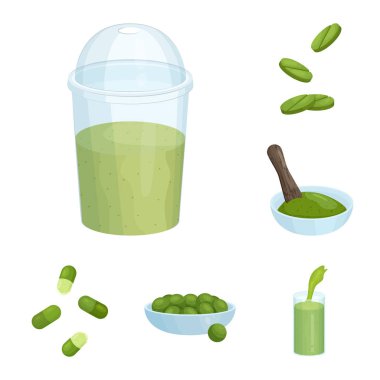 Spirulina ve deniz yosunu işareti vektör tasarımı. Spirulina ve vegan hisse senedi simgesi web için kümesi.