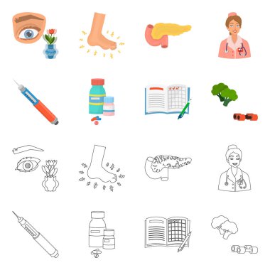 Diyet ve tedavi simge vektör tasarımı. Diyet ve ilaç hisse senedi vektör çizim seti.