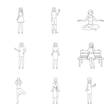 Duruş ve ruh hali işareti vektör Illustration. Duruş ve hisse senedi için kadın vektör ikon koleksiyonu.