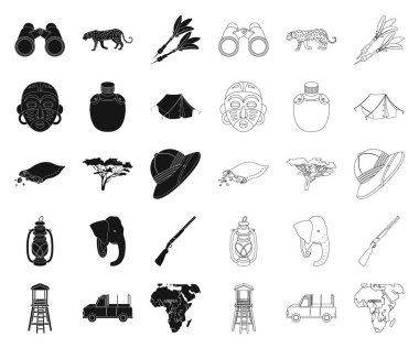Afrika Safari siyah, set koleksiyonu tasarım için anahat simgeleri. Sembol stok web illüstrasyon vektör kupa ve Safari için donatım.