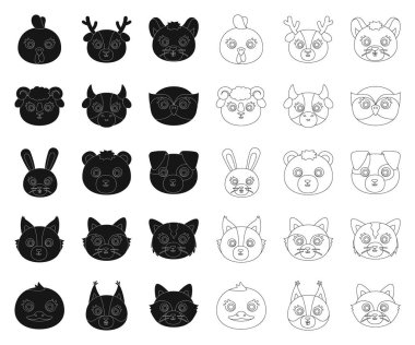 Set koleksiyonu tasarım için anahat simgelerini Ağızlıklar hayvanlar siyah. Yerli ve vahşi hayvanlar sembol stok web illüstrasyon vektör.