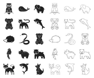 Bir gerçekçi olmayan hayvan siyah, set koleksiyonu tasarım için anahat simgeleri. Oyuncak hayvanlar sembol stok web illüstrasyon vektör.