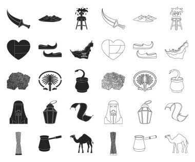 Ülke Birleşik Arap Emirlikleri siyah, set koleksiyonu tasarım için anahat simgeleri. Turizm ve cazibe simge stok web illüstrasyon vektör.