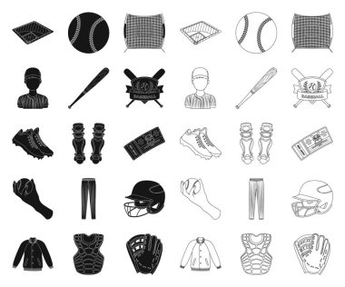 Beyzbol ve öznitelikleri siyah, anahat simgeleri set koleksiyonu tasarım için. Sembol stok web illüstrasyon vektör beyzbol oyuncusu ve ekipman.