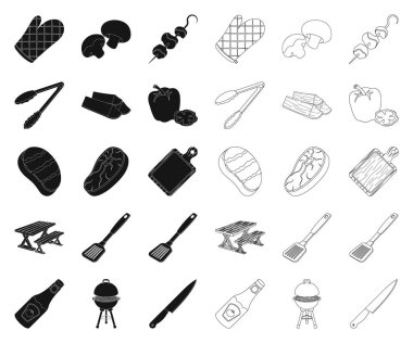 Barbekü ve ekipman siyah, anahat simgeleri toplama tasarımı için ayarlayın. Piknik ve kızartmaları sembol stok web illüstrasyon vektör.