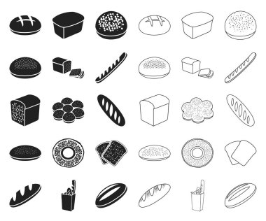 Türleri ekmek siyah, set koleksiyonu tasarım için anahat simgeleri. Pastane sembol stok web illüstrasyon vektör.