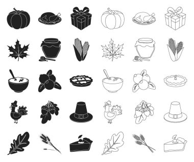 Kanada Şükran günü siyah, set koleksiyonu tasarım için anahat simgeleri. Kanada ve gelenek sembol stok web illüstrasyon vektör.