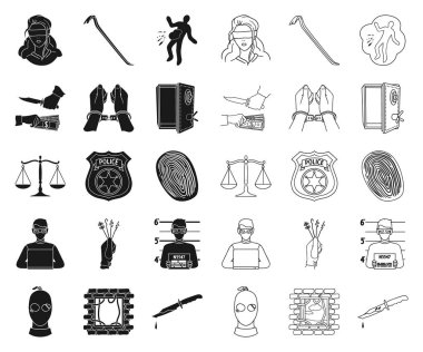 Suç ve ceza siyah, set koleksiyonu tasarım için anahat simgeleri. Suç vektör simge stok web çizim.