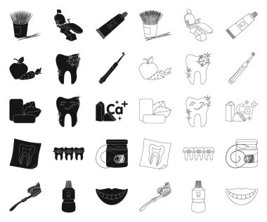 Diş Bakımı siyah, set koleksiyonu tasarım için anahat simgeleri. Diş vektör simge stok web illüstrasyon bakım.
