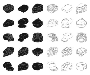 Farklı tür bir peynir siyah, anahat simgeleri design.Milk ürün peynir vektör simge stok web çizim için küme toplama.