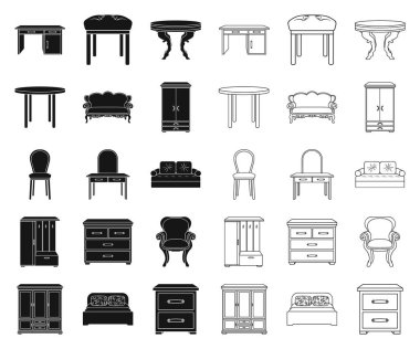 Mobilya ve iç siyah, anahat simgeleri set koleksiyonu tasarım için. Ev mobilyaları vektör simge stok web çizimi.