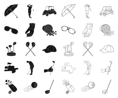 Golf ve öznitelikleri siyah, anahat simgeleri toplama tasarımı için ayarlayın. Golf Kulübü ve ekipman sembol stok web illüstrasyon vektör.