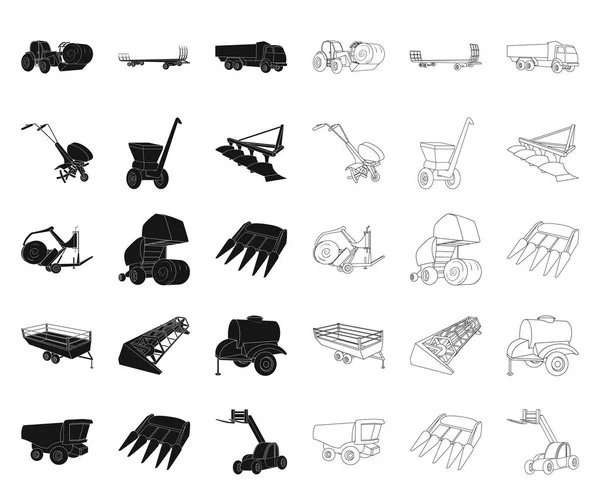 Γεωργικά μηχανήματα μαύρο, περίγραμμα εικονίδια στη συλλογή σετ για σχεδιασμό. Εξοπλισμού και συσκευών σύμβολο μετοχής web εικονογράφηση διάνυσμα. — Διανυσματικό Αρχείο