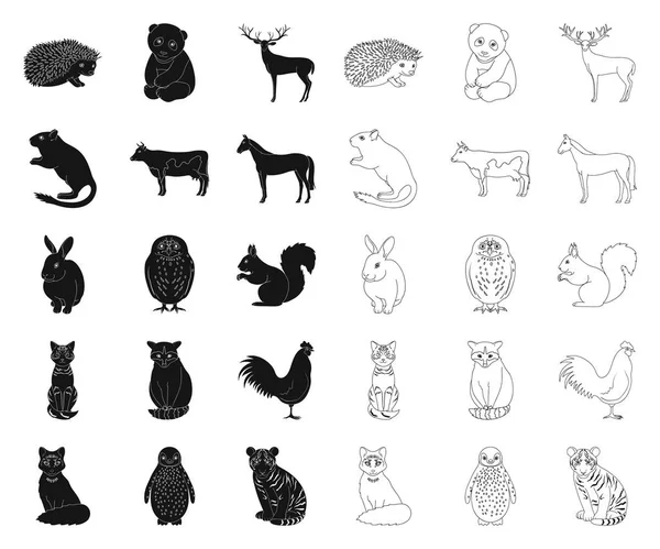 Animais realistas preto, ícones esboço na coleção de conjuntos para o design. Animais selvagens e domésticos símbolo vetorial ilustração web . —  Vetores de Stock