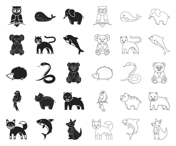 非現実的な動物、黒いアウトラインのアイコン デザインのセットのコレクション。おもちゃの動物のベクトル シンボル ストック web イラスト. — ストックベクタ
