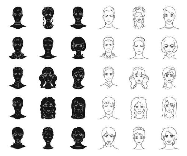 Avatar e rosto preto, delinear ícones na coleção de conjuntos para o design. Uma pessoa aparência vetor símbolo web ilustração . —  Vetores de Stock