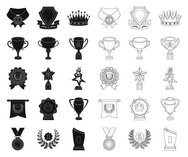 Utmärkelser och troféer svart, disposition ikoner i set samling för design. Belöning och prestation vektor symbol lager web illustration. — Stock vektor