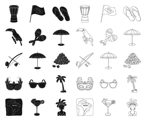 Pays Brésil noir, icônes de contour dans la collection ensemble pour le design. Voyages et attractions Brésil symbole vectoriel stock web illustration . — Image vectorielle