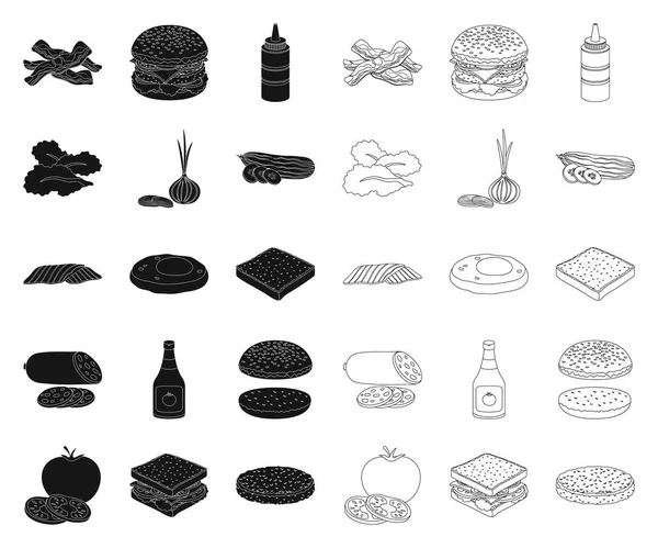 Burgare och ingredienser svart, disposition ikoner i set samling för design. Burger matlagning vektor symbol lager web illustration. — Stock vektor