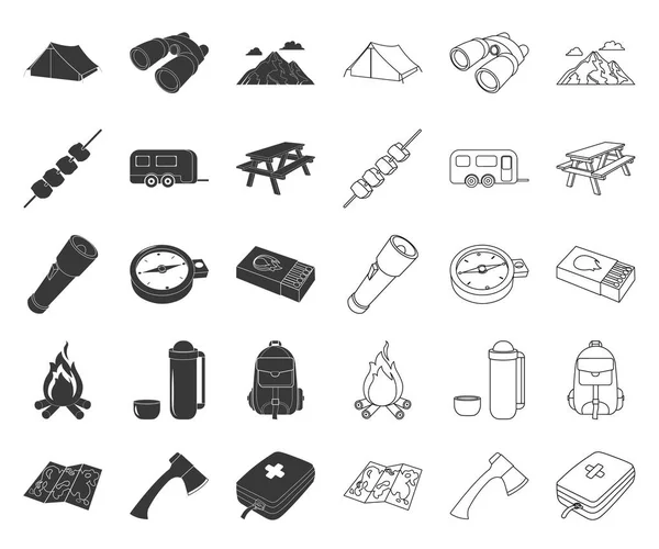 Rest in the camping black, outline icons in set collection for design. Векторные изображения векторных символов кемпинга и оборудования . — стоковый вектор