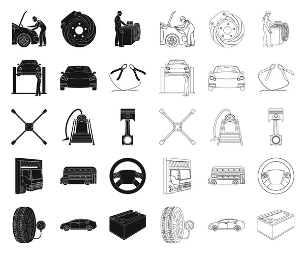 Автомобиль, лифт, насос и другое оборудование черного цвета, очертания иконок в наборе коллекции для дизайна. Векторные символы станции технического обслуживания автомобилей . — стоковый вектор