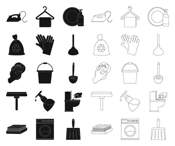 Reiniging en meid zwart, omtrek pictogrammen in set collectie voor design. Apparatuur voor het reinigen van symbool voorraad web vectorillustratie. — Stockvector