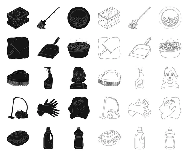 Rengöring och städning svart, disposition ikoner i set samling för design. Utrustning för rengöring vektor symbol lager web illustration. — Stock vektor