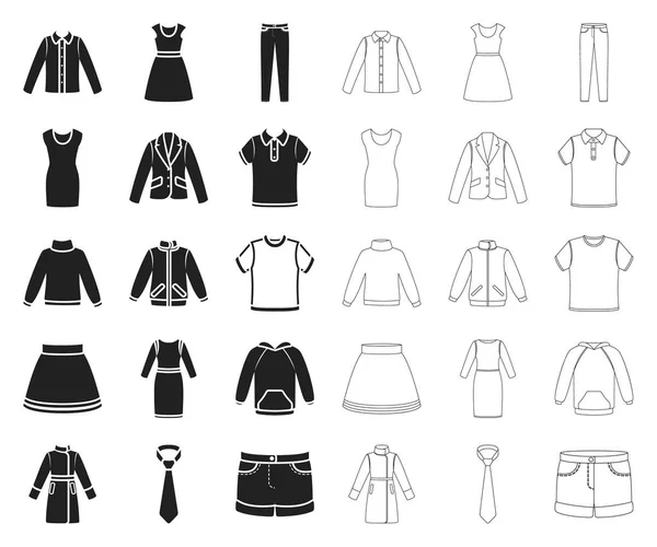 Diferentes tipos de ropa negra, esbozan iconos en la colección de conjuntos para el diseño. Ropa y estilo vector símbolo stock web ilustración . — Vector de stock