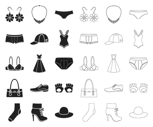 Ρούχα και αξεσουάρ μαύρο, περίγραμμα εικονίδια στη συλλογή σετ για σχεδιασμό. Παπούτσια και διακόσμηση σύμβολο μετοχής web εικονογράφηση διάνυσμα. — Διανυσματικό Αρχείο